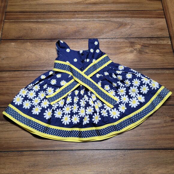 Youngland Baby Navy Yellow & White Sleeveless Daisy Dress - Size 12M - Picture 3 of 9
